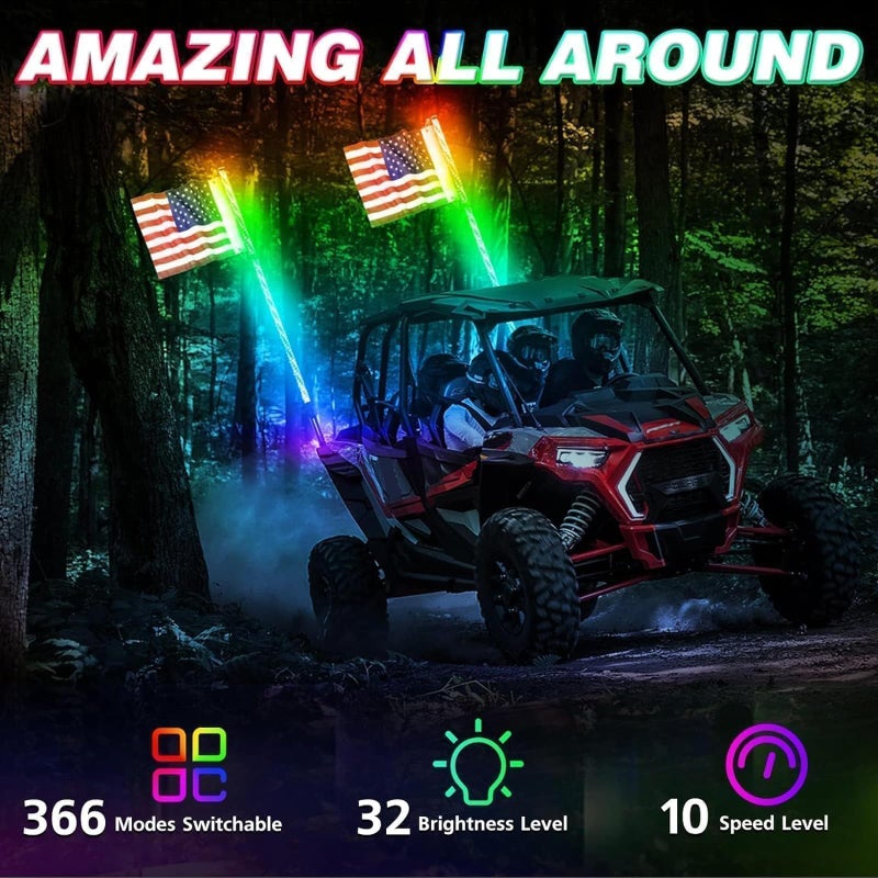 AKD Part LED Whip Lights, AKD Part 2PCS 4FT Lighted Whips RF Remote Control RGB LED Whip Antenna Chase Lights Warning Light for UTV ATV SXS Side by Side RZR Can-Am Kawasaki Honda Trucks Boat - Image 3